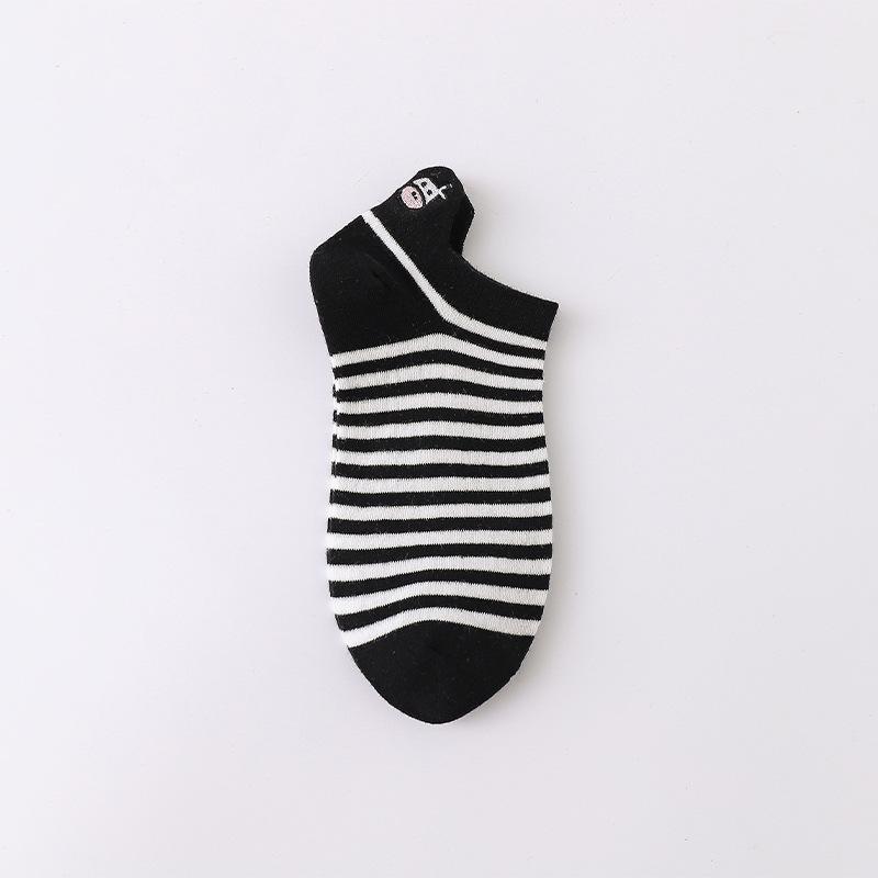 Ladies Spring and Summer Embroidered Striped Cartoon Black and White Cow Sweet Cute Short Tube Socks