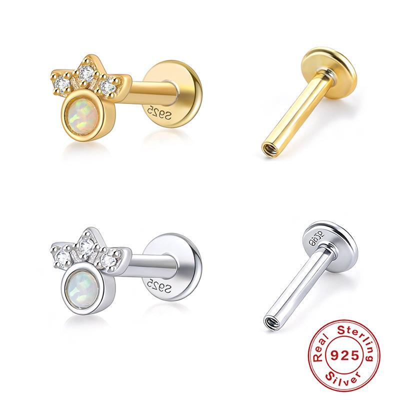 925 Sterling Silver Opal-Embedded Flat Back Threaded Cartilage Stud Earrings