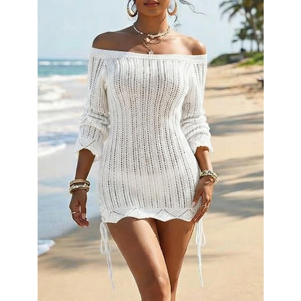 Luxury-lite One-shoulder Knitted Dress, Beach Pure Color Open-back Figure-hugging Dress, Drawstring Fitted Top for Women