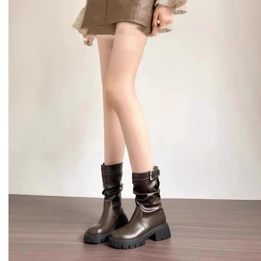 Mode Damen Mid-Calf Schuhe Runde Zehe Damen Halbstiefel Mittelhoher Absatz Leder Sale 2024 Neu Frühling Herbst Stiefel Goth Pu Hot in Rock