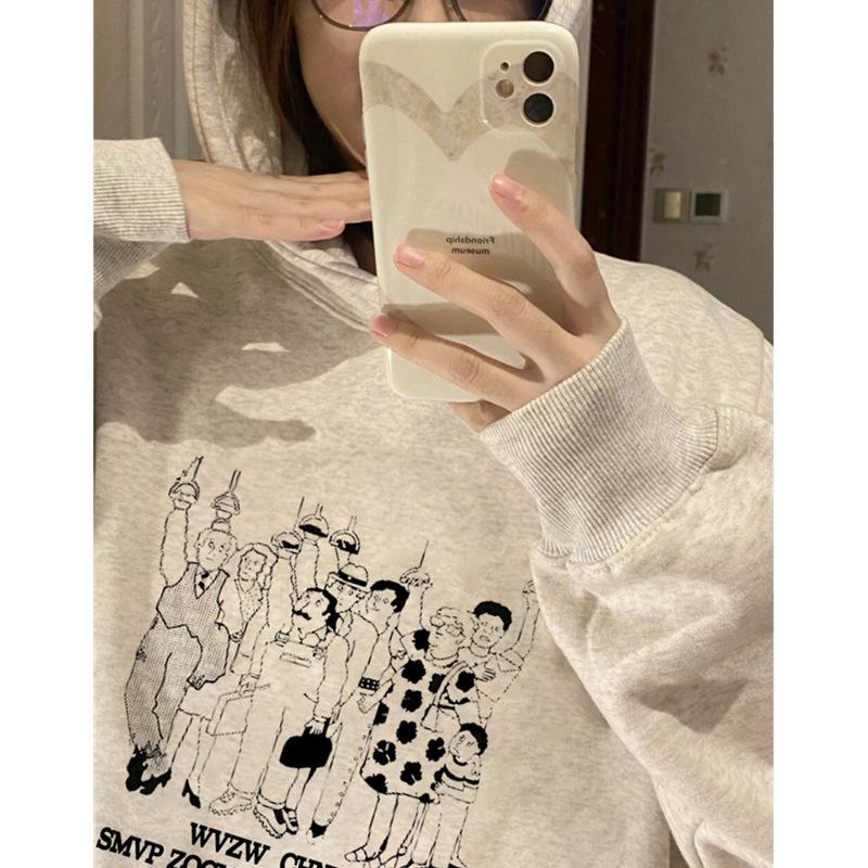 2025 New Guochao Printed Hooded Sweater Women's Autumn and Winter Heavy Couple Men's Fleece Thickened Jacket