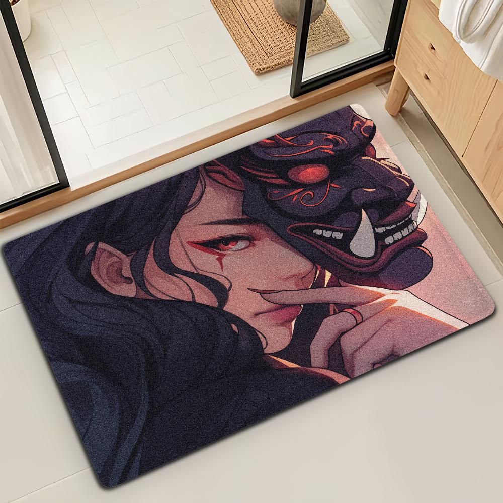 Japanese Samurai Oni Mask Girl Door Mat Bath Microfiber Decorative Versatile Flannel Floor Mat Quick Dry Absorbent Non-slip Sole