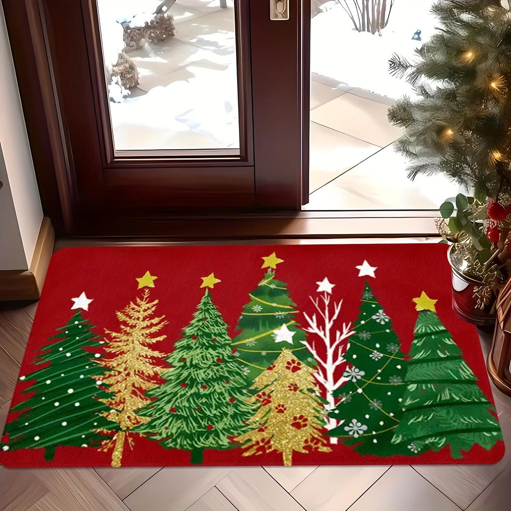 Christmas Tree Snow Scene Doormat,Red Gold Star Flannel Machine Washable Large Rug  Entryway Living Room Kitchen Holiday Decor