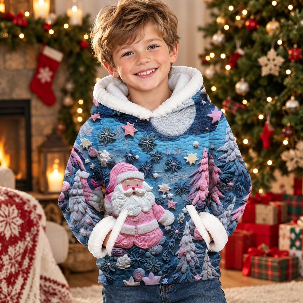 Kids Long Sleeve Christmas Print Casual Fashion Hooded Top