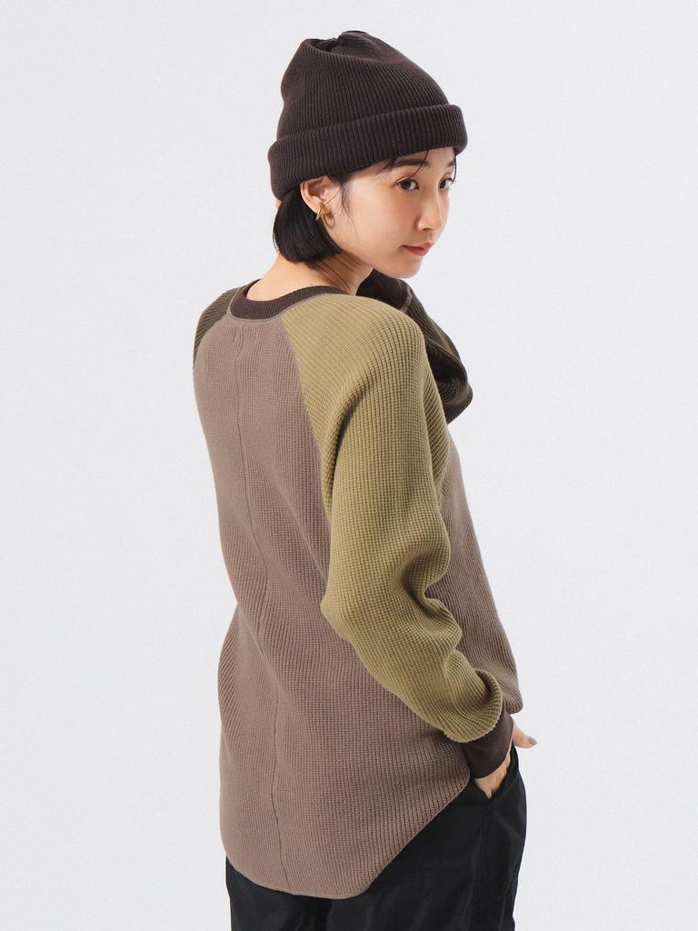 Beams Boy Women's 14 Gauge Waffle Crew Knit, Olive Free