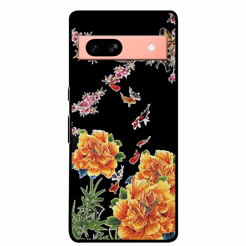 3D Flowers Case For Google Pixel 7a 5G Case Emboss Relief Floral Black Silicone Soft Back Covers For Google Pixel 7a Case Fundas