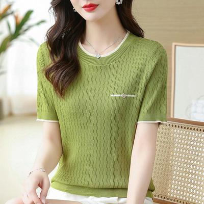 Sommer Eis Seide Kurzarm T-shirt Frauen Dünne Beiläufige Gestrickte Bluse Frau Kurzarm Rundhals T-Shirt Tops Büro Dame Blusen