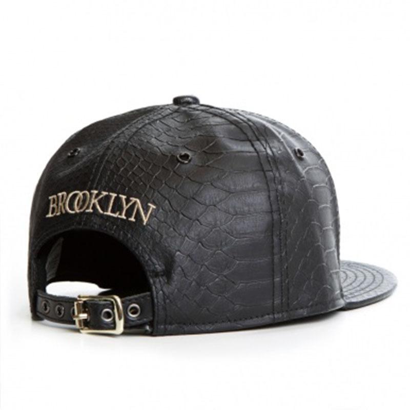 Hands Embroidery Faux Leather Flat Brim Snapback Cap Adjustable Hip Hop Hat