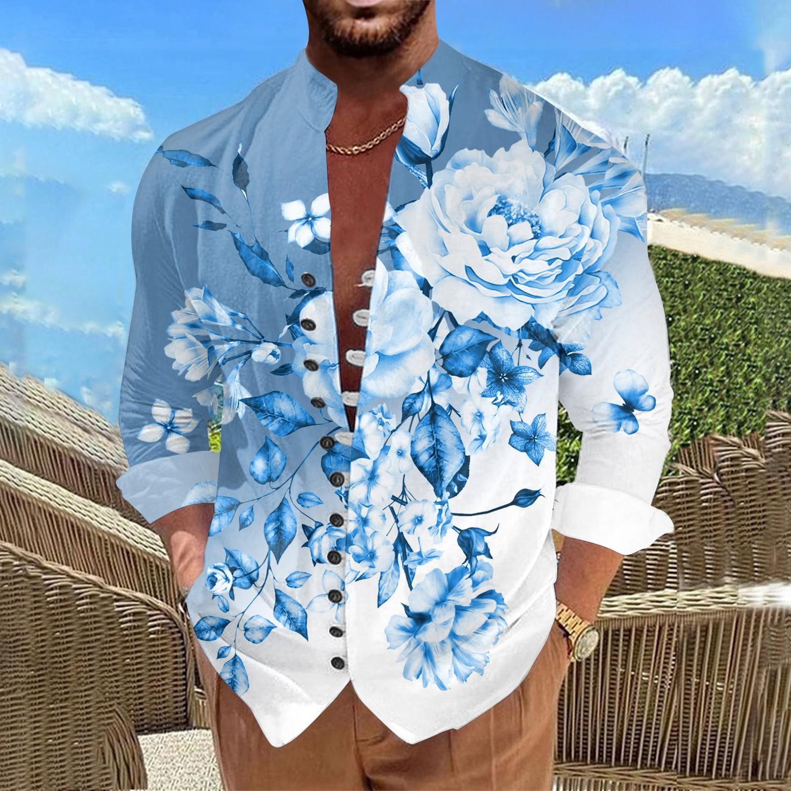 

Новая мужская повседневная свободная рубашка в стиле ретро с длинными рукавами и принтом M синий