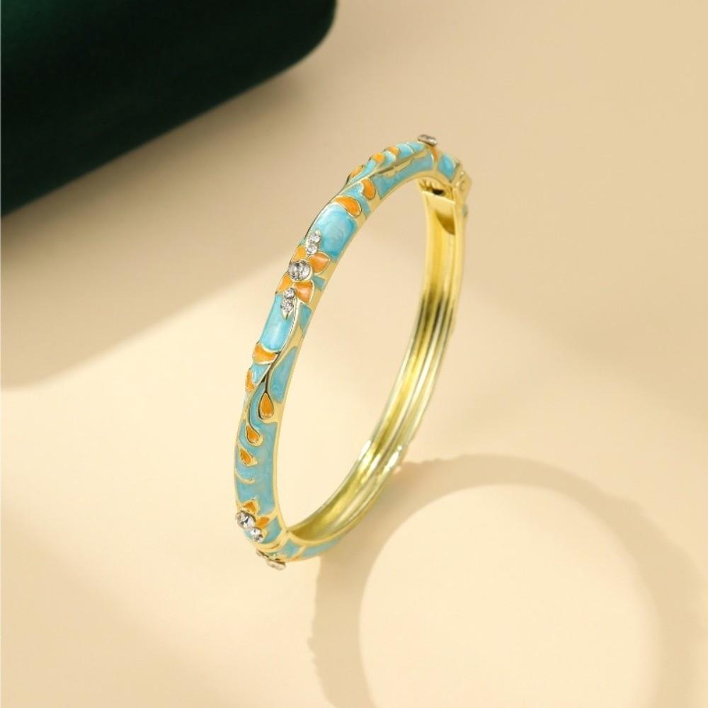 Chinese Style Enamel Flower Bangle Elegant Women's Floral Bracelet Vintage Cloisonne Bangle Bride