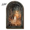 Vertical Wooden Sign Pendant Halloween Vintage Arch Sign, Gothic Spooky Ghost Wall Hanging Decor Dark Floral Print with Bracket, Rustic Aesthetic Home