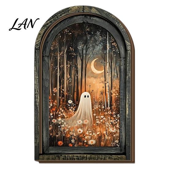 Vertical Wooden Sign Pendant Halloween Vintage Arch Sign, Gothic Spooky Ghost Wall Hanging Decor Dark Floral Print with Bracket, Rustic Aesthetic Home