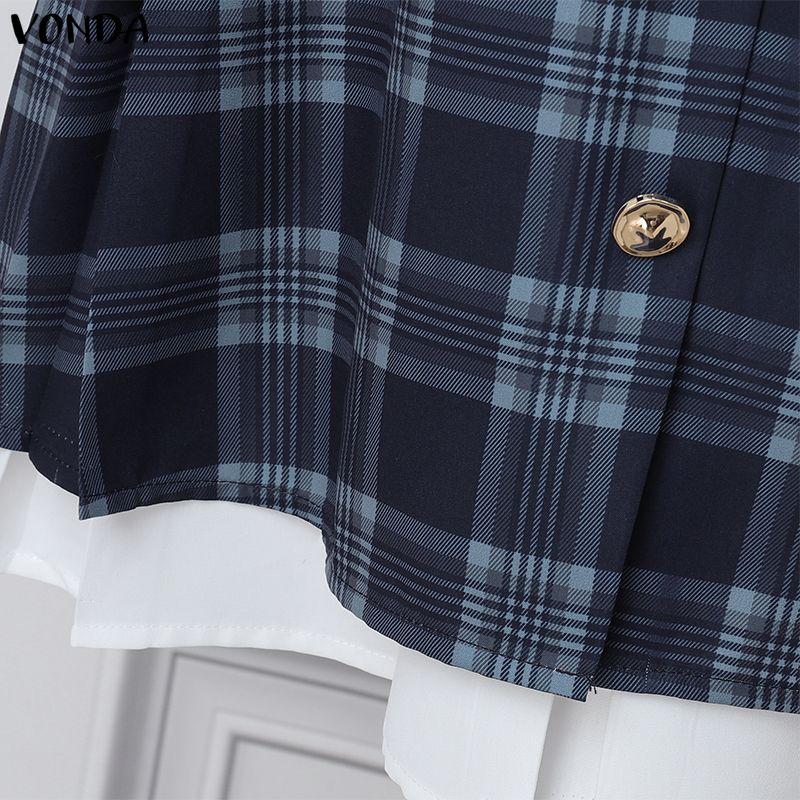 VONDA Rochie Casual de Damă cu Guler Înalt, Mâneci Lungi și Patchwork Plaid