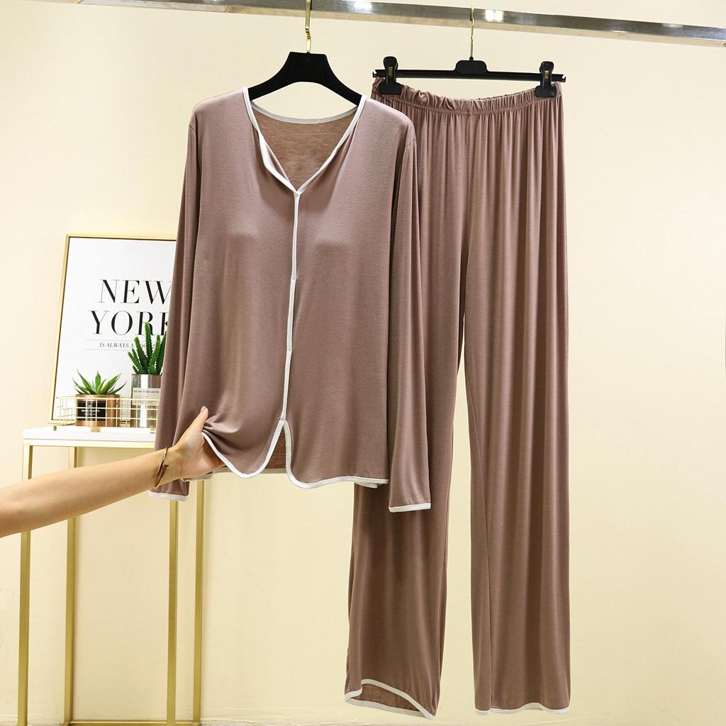 Modal Long-Sleeve Chest Pad Pajama Set for Women - Autumn/Winter Casual Two-Piece with Edging