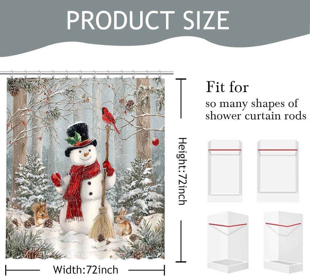 Christmas Snowman Shower Curtain Winter Snow Scene Red Bird Shower Curtain For Christmas Holiday Bathroom Decor Waterprooffabric