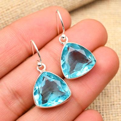 Lovely Blue Topaz Gemstone Handmade 925 Solid Sterling Silver Earrings For Wedding Gift