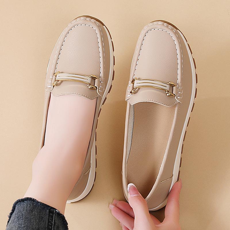 Pacecraft Shoes Women's Cowhide Loafers with Metal Buckle, Comfortable Casual Flat Shoes