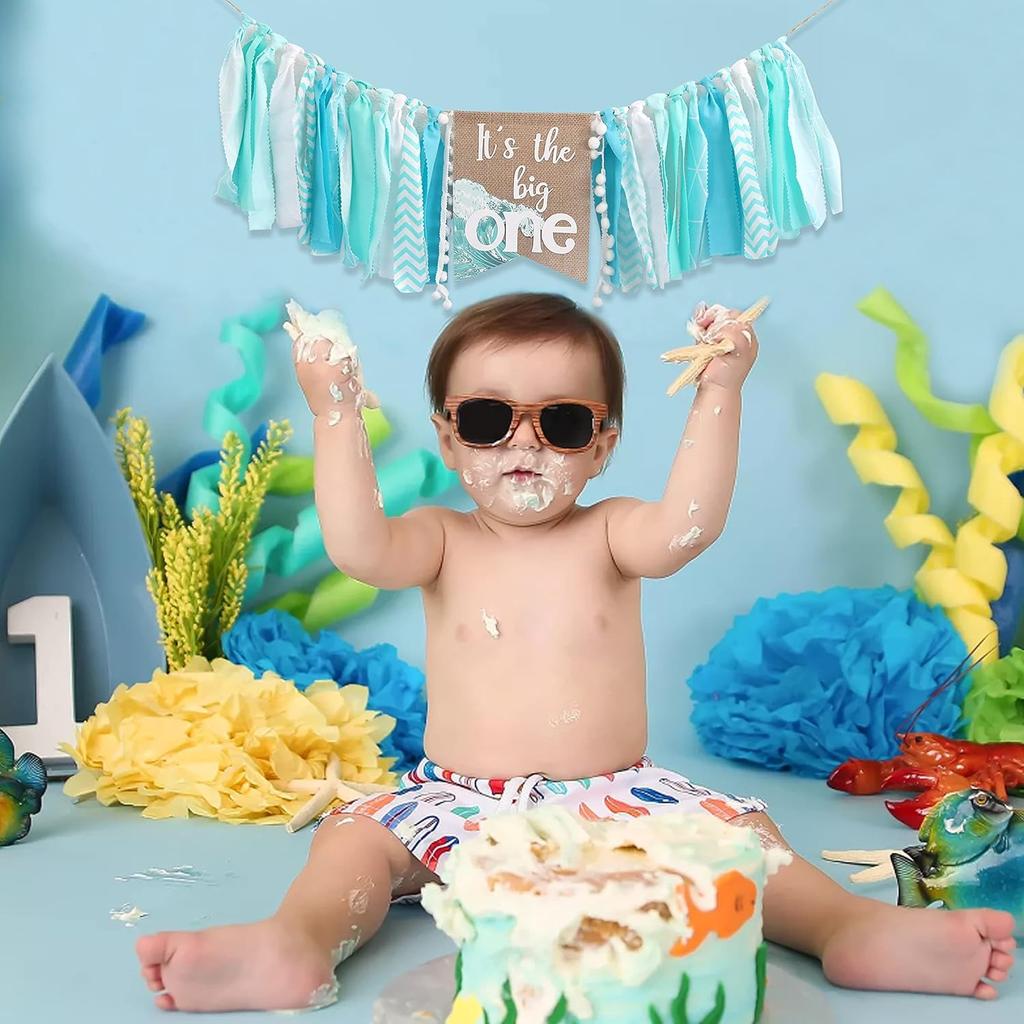 Big One Highchair Banner for 1st Birthday,First Birthday Banner for Baby Boys, Blue Highchair Banner, Pool Party Decorations for Kids Birthday, Cake