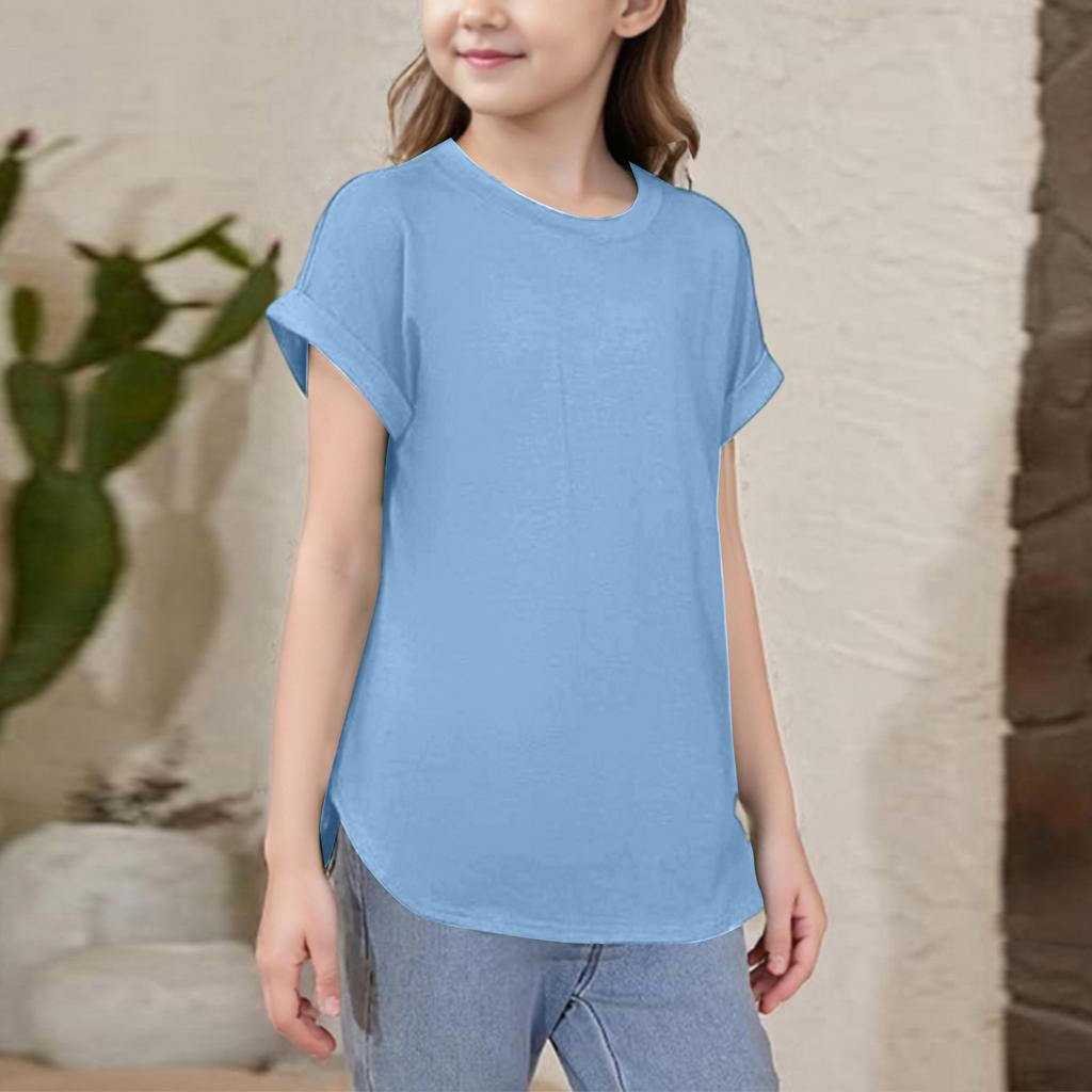 Girls Short Sleeve T Shirts Kids Crewneck Curve Summer Tees Hem Tops Sleeve T Shirts