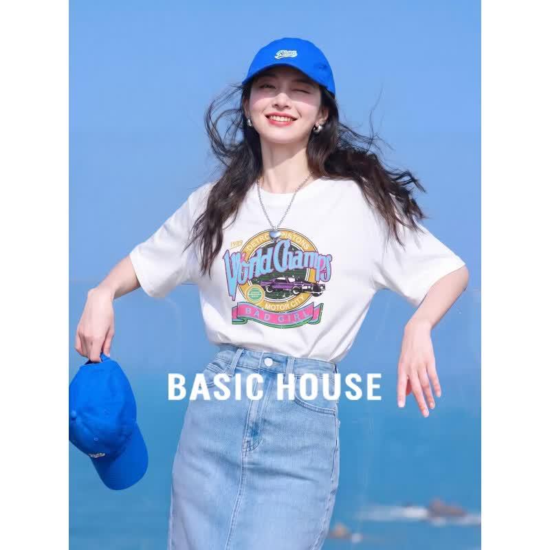 Basic House Women s Letter Print Cotton Short Sleeve T-shirt XL