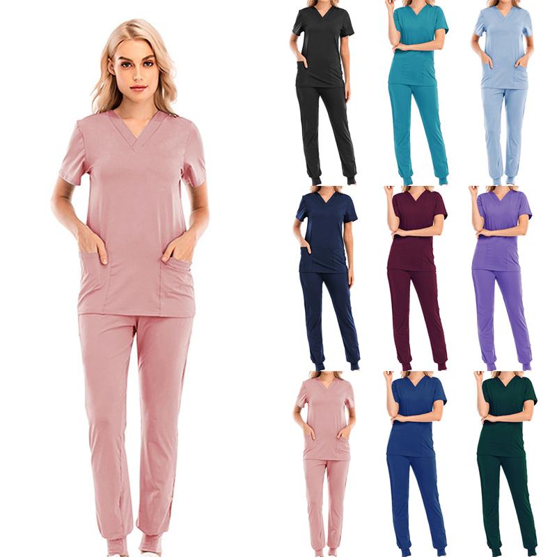 Unisex Pocket Hospital V-neck Fashion Scrub Suits Surgical Gown Uniform Set Joggers Solid Color