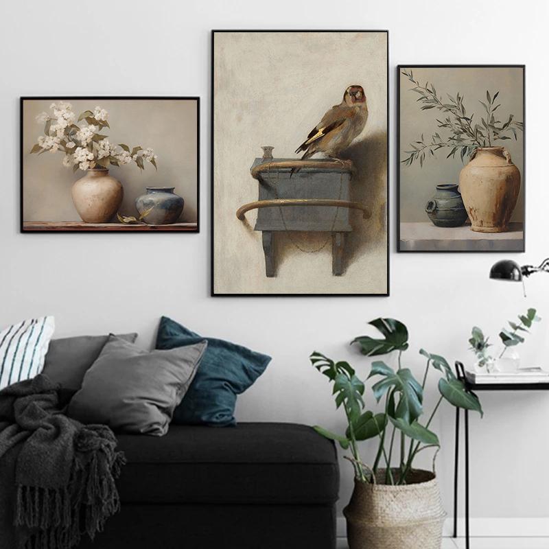 Goldfinch Oranges Light Toned Vase Plant Floral Posters and Prints Canvas Painting Wall Art Pictures Room Modern Travel Decor