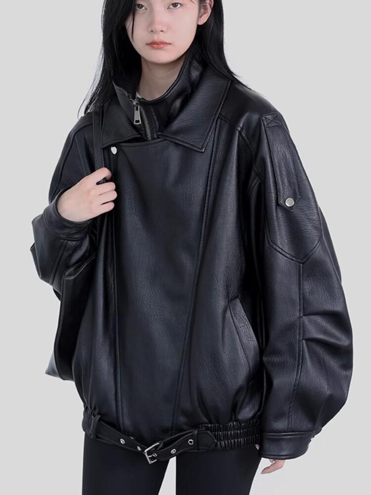 Retro Stand Collar Motorcycle PU Leather Jacket - Autumn/Winter Hong Kong Style, Loose and Versatile Outerwear