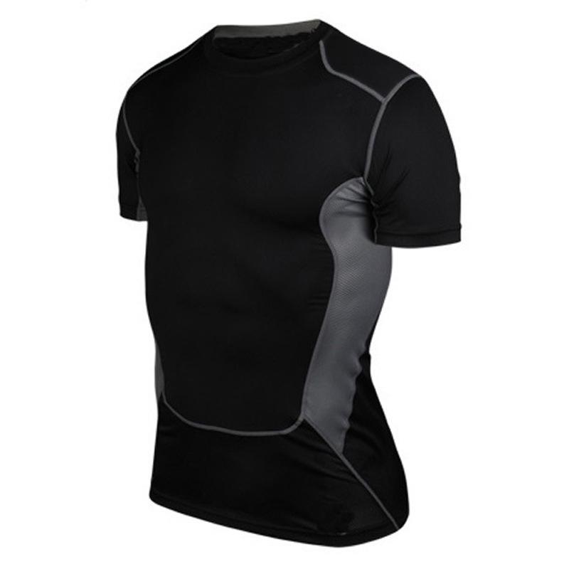 Men's Summer Quick-Dry Black Sports Training Shirt - Short Sleeve, Tight-Fitting, Round Neck for Football & Basketball Fitness.