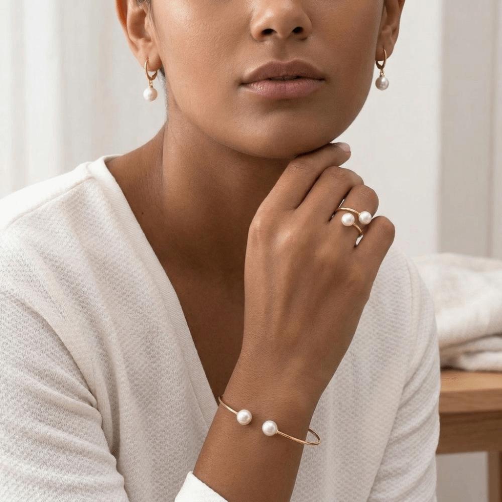 Vintage Style Imitation Pearl Earrings Ring Bangle Elegant Gold Color Jewelry Jewelry Set  Women