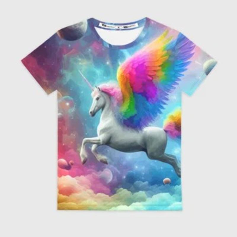 Children's Cartoon Unicorn Print Multi-color T-shirts Girls Fashionable Sof Comfortable T-shirt