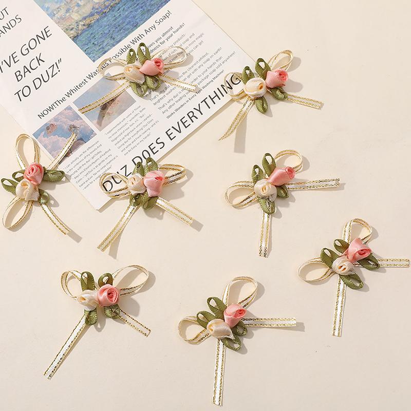 (10Pcs/Pack) 4.5Cm Rose Bud Bow White Pink 2 Rose Bows Wedding Gift Box Hair Accessories Home Christmas Bows Decoration