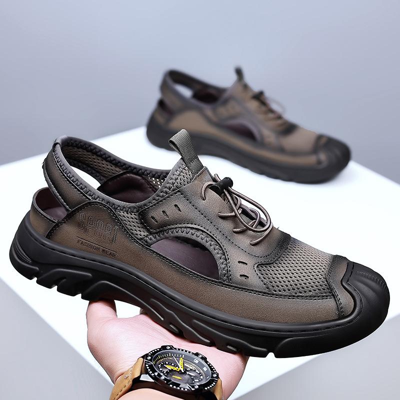 2025 summer new bag head sandals men's mesh casual beach shoes mesh breathable thick-soled hole shoes men