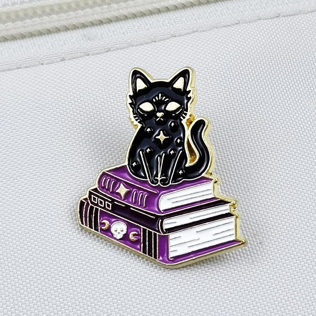 Halloween Black Cat & Purple Book Brooch for Kids - Festival Metal Badge Accessory