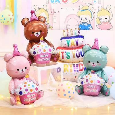 1PCS 31IN Cute Pink Bear Holding Cake Shaped Aluminum Balloon Birthday Party Decoration Aluminum Film Balloon Birthday Gift Ball