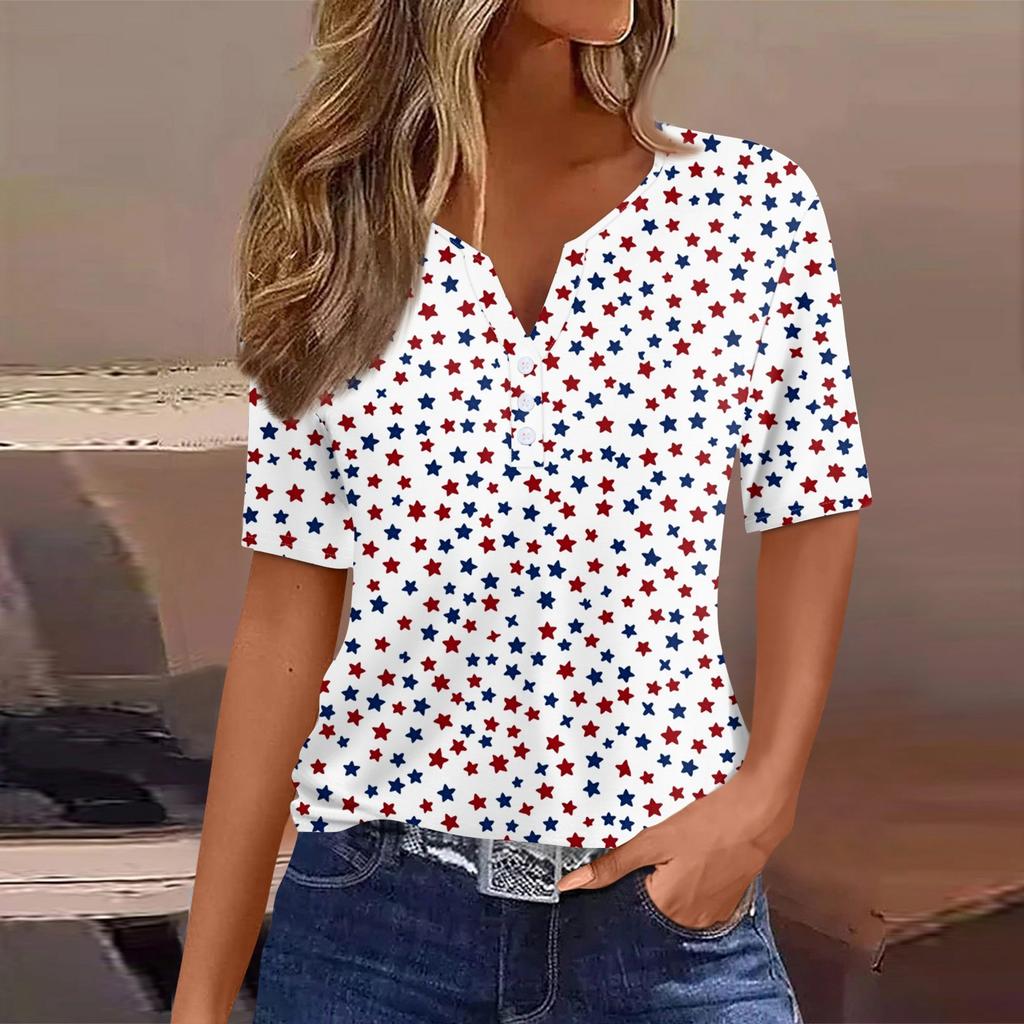 Women's T Shirt Tee Independence Day Print Button Short Sleeve Daily Weekend Fashion Basic V-Neck Regular Top
