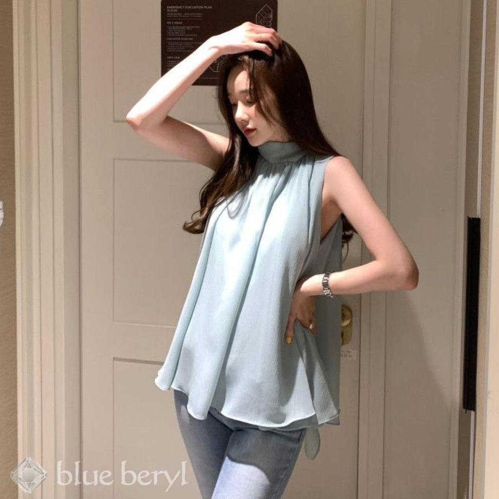 Blue Beryl Chiffon Back Women's Blouse, Gathered, Sleeveless, Ribbon, Lined, Stylish, Blue, BB078-BL-XL