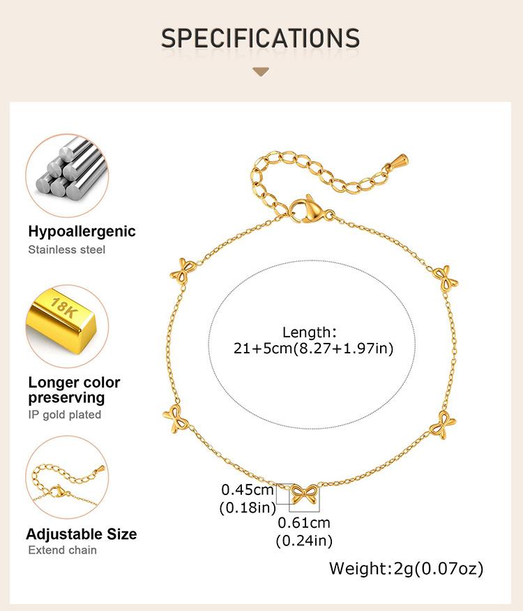 Bowknot Link Chain Anklet for Women, 18K Gold Plated Stainless Steel, Waterproof Anti-Tarnish Summer Beach Jewelry