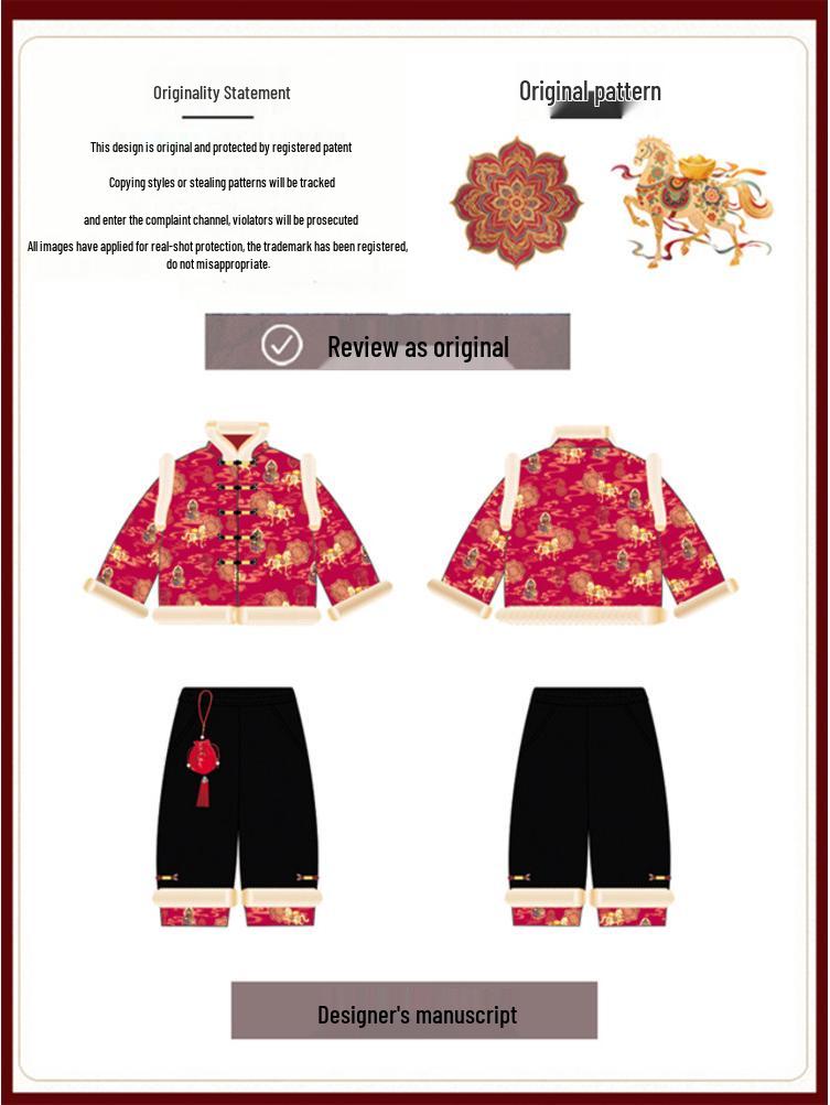 Plus Velvet Girls' New Year Tang Suit - Winter 2025 Two-Piece Set, Children's Chinese Style Outfit