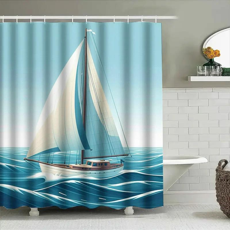 Tenda da Doccia da Bagno Vela Tessuto Impermeabile Decorativa Arredamento Bagno Casa (Azzurro Bianco)