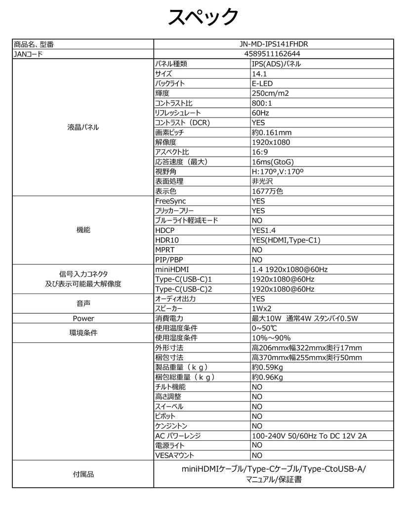 JAPANNEXT inch mobile monitor IPS panel full HD 1920x1080 resolution PC 14.1 (USB/Type C/MAC compatible/built-in speaker/sRGB100%/non-glossy)