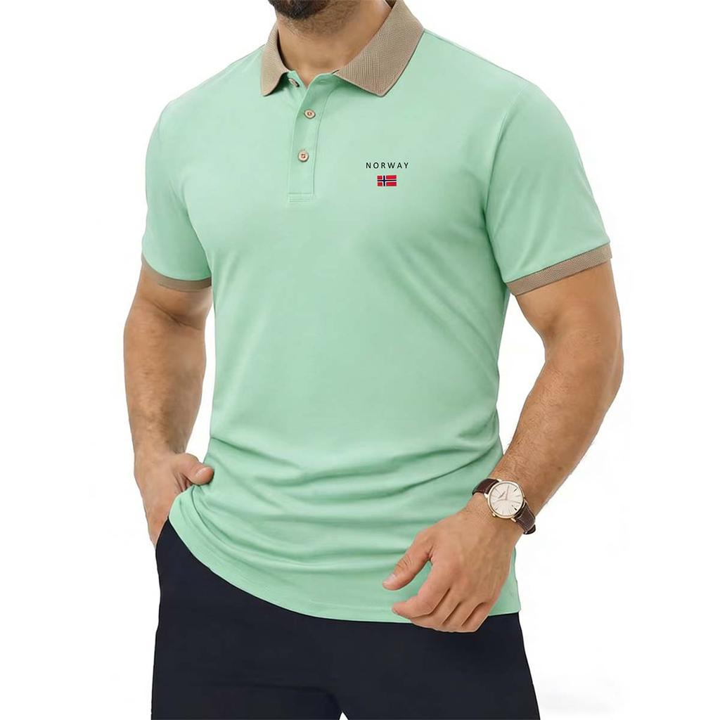 Men's Contrast Collar Short Sleeve Polo Norway Flag Print Breathable Casual Tops