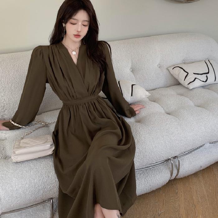 Plus Size Women's Autumn V-neck Waist-cinching Long-sleeved Slimming Dress