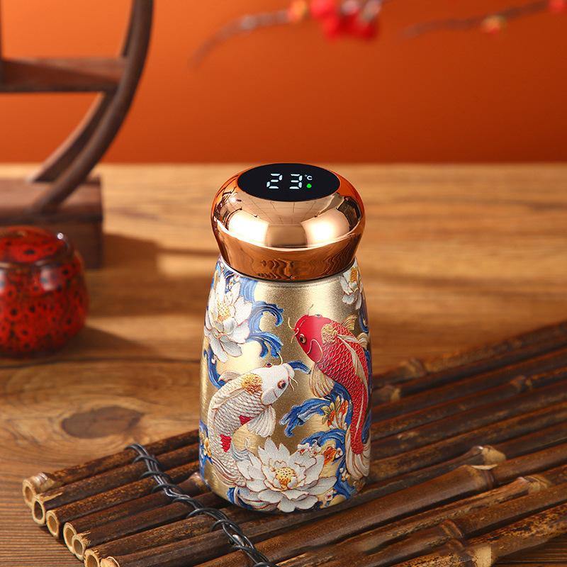 Guofeng Koi Pattern 304 Stainless Steel Thermos Cup Peacock Pattern Portable Lanyard High Value Water Cup Business Gift