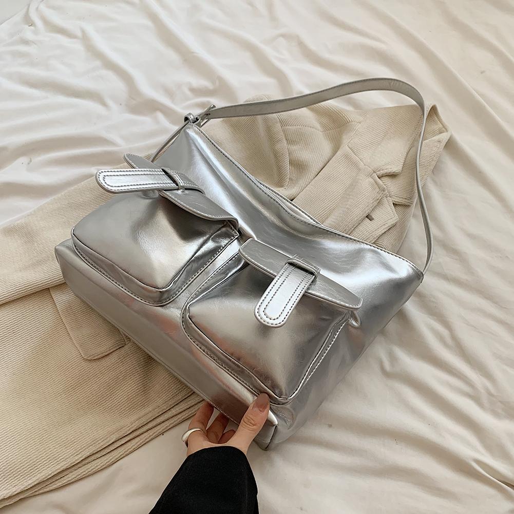 Women PU Leather Shoulder Bag w/Multi-Pockets Crossbody Bag for Travel (Silver)