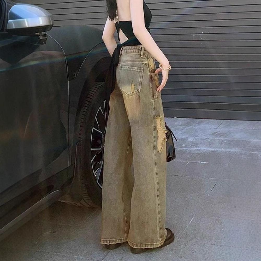 Comfortable Done Old Broken Holes Jeans Women Skinny Drag Floor Wide Leg Straight Straight Trousers Long Trousers Jeans for Women Long Denim Pants