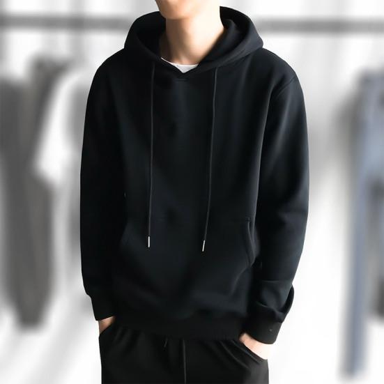 Men Hoodie Solid Color Ribbed Cuff Autumn Winter Drawstring Warm Sweatshirt for Daily Wear