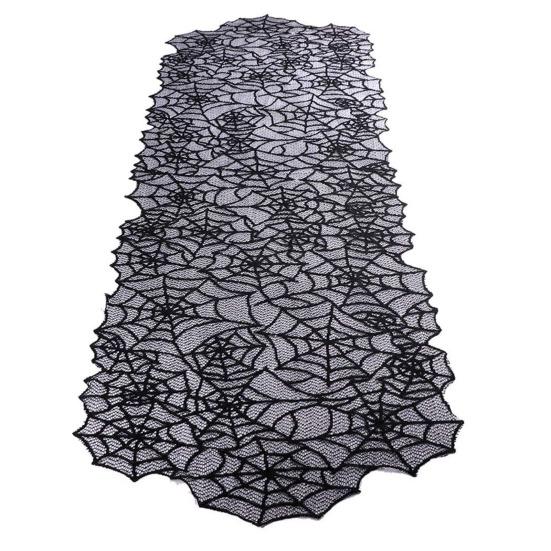 Halloween Tablecloth Decoration Black Lace Table Runner Round Spider Cobweb Table Cover Fireplace Mantel Scarf Lampshade Bat Wall Stickers for