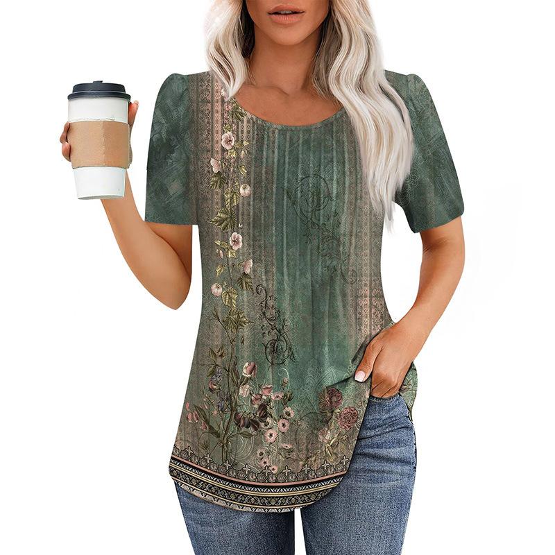 Neues plissee-Rundhals-Kurzarm-T-Shirt Damen-Oberteil Damenbekleidung