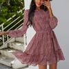 Floral Print Ruffled Summer Dress Women Elegant Long Sleeve Sashes Female Chiffon Dress Bohemian Spring Short Dress