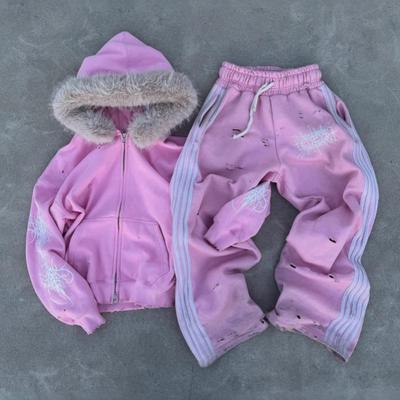 Hip Hop Stijl Oversized Hoodie Set Dames Roze 3D Geprint Lange Mouwen Rits Hoodie Wijde Broek